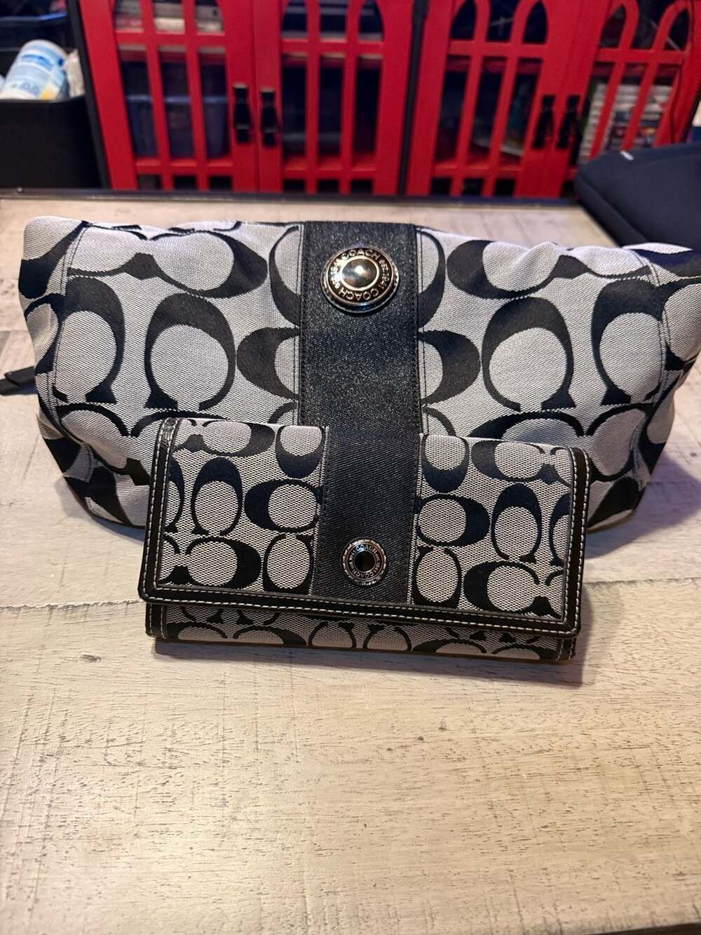 Coach Signature Black and Grey Hobo Bag and Matching Wallet Set